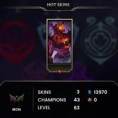 Iron II (97 LP) / EUW / 60% WR / BE: 13970 / CHAMPS: 43 / PROJECT: Katarina, Pretty Kitty Rengar, Infernal Nasus / Headless Hecarim, Pool Pa