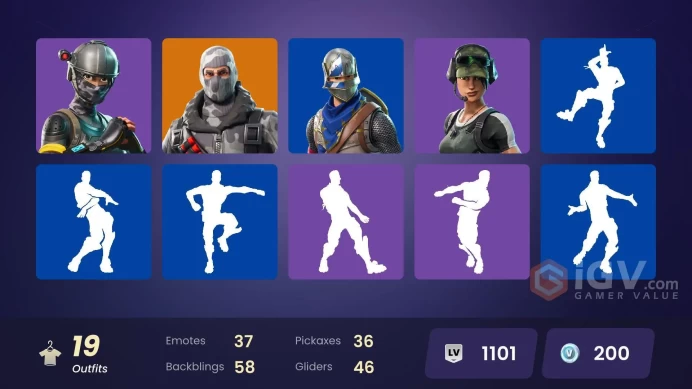 19 SKINS + ROYALE KNIGHT + BLUE SQUIRE + ELITE AGENT + TRAILBLAZER + YULEJACKET + CARBIDE + HAVOC + DARK VOYAGER