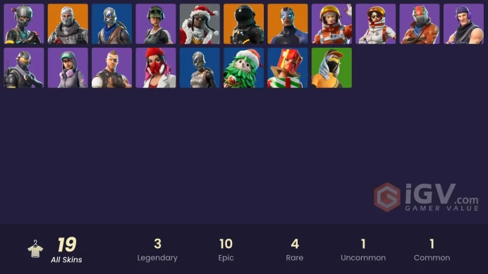 19 SKINS + ROYALE KNIGHT + BLUE SQUIRE + ELITE AGENT + TRAILBLAZER + YULEJACKET + CARBIDE + HAVOC + DARK VOYAGER