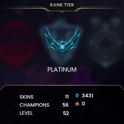 EUNE / Season 15 Split Platinum IV (0 LP) BLUE ESSENCE: 3431 / FULL ACCESS / CHAMPS: 56 / SKINS: 11 / HANDLEVELED / 0% BAN CHANCE