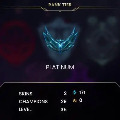 EUNE / Season 15 Split Platinum IV (22 LP) BLUE ESSENCE: 171 / FULL ACCESS / CHAMPS: 29 / SKINS: 2 / HANDLEVELED / 0% BAN CHANCE
