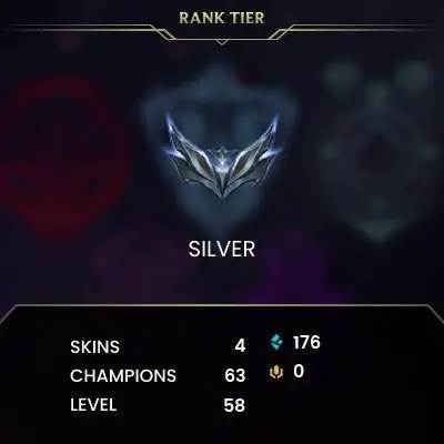 EUNE / Season 15 Split Silver II (34 LP) BLUE ESSENCE: 176 / FULL ACCESS / CHAMPS: 63 / SKINS: 4 / HANDLEVELED / 0% BAN CHANCE