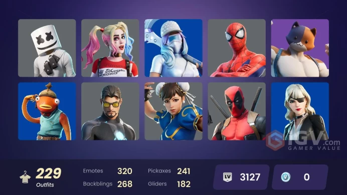 [ALL PLATFORMS]-220 Skin-257 Pickaxes-310 Emotes-177 Gliders-OG STW-Marshmello-Harley Quinn-Chun-Li-Lara Croft-Fishstick-FULL ACCESS-