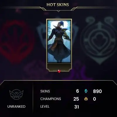 Unranked / EUW / BE: 890 / CHAMPS: 25 / Debonair Jayce, PsyOps Shen, Dark Star Malphite, Headhunter Rengar, Odyssey Kayn, Birdio / Solar Ecl