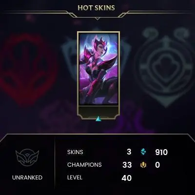 Unranked / EUW / BE: 910 / CHAMPS: 33 / Marauder Xin Zhao, Battle Professor Graves, Challenger Ahri / Coven Zyra, Level: 40 / HANDLEVELED /