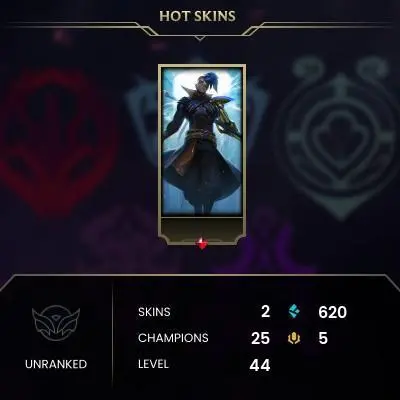 Unranked / EUW / BE: 620 / RP: 5 / CHAMPS: 25 / Lumberjack Sion, Odyssey Kayn / Spirit Fire Brand Fragment, Level: 44 / HANDLEVELED / GAMES