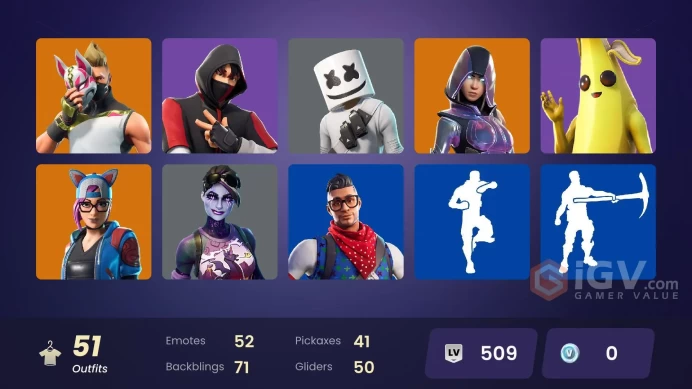 [PC] 51 skins | IKONIK | Glow | Carbon Commando | Prodigy | Blue Striker | A.I.M. | Zenith | Drift | Catalyst | Hybrid | Calamity | 0 VB