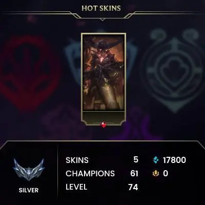 Silver II (19 LP) / NA / 58% WR / BE: 17800 / CHAMPS: 61 / High Noon Senna, Infernal Amumu, Pajama Guardian Miss Fortune, SSG Rakan, Bewitch