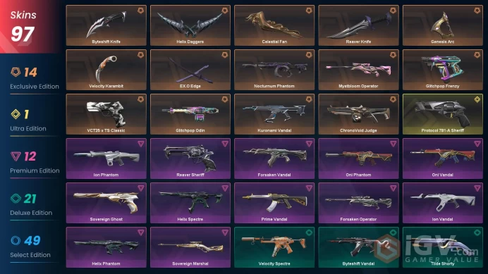EU 97 skins | EX.O Edge | Kuronami Vandal | Helix Daggers | VCT25 x TS Classic | Celestial Fan | Byteshift Knife | Mystbloom Operator | Reaver K