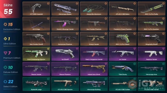 EU/TR 55 skins | EX.O Edge | VCT 2025 Karambit | RGX 11z Pro Firefly | Prelude to Chaos Phantom | Araxys Bio-Atomizers | Evori Dreamwings Spectr