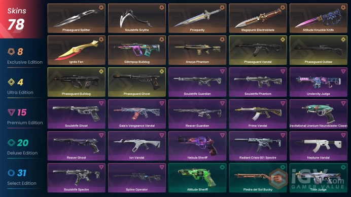 NA 78 skins | Ignite Fan | Araxys Phantom | Phaseguard Splitter | Altitude Knuckle Knife | Phaseguard Ghost Phaseguard Bulldog Phaseguard Vandal