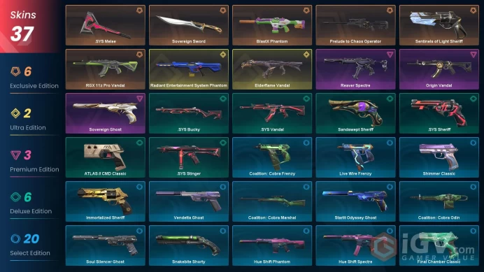EU 37 skins | Radiant Entertainment System Phantom | Prelude to Chaos Operator | Sentinels of Light Sheriff | Elderflame Vandal | RGX 11z Pro