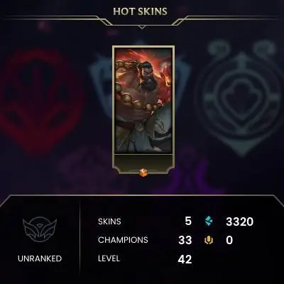 Unranked / NA / BE: 3320 / CHAMPS: 33 / Lollipoppy, Obsidian Malphite, Mecha Malphite, Spirit Guard Udyr, High Noon Sion / Level: 42 / HANDL