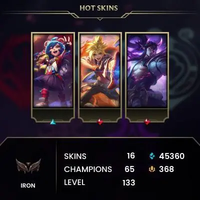 EUW / IRON 4 START! / 65 Champ / 16 Good Skins(1 Mythic, 2 Legendary, 5 Epic) / 45.3K BE / HONOR 3 / S9 ACC / HANDMADE / FULL ACCES / CHEAP