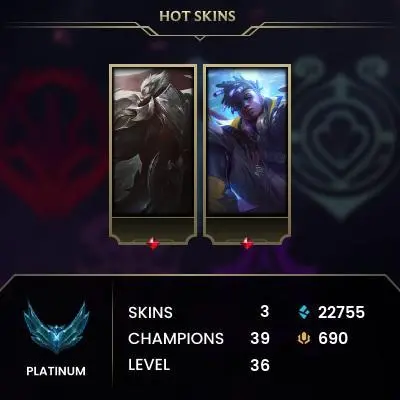 EUW / S15 PLATINUM II / 90%+WR / 30W/3L / UNVERIFIED EMAIL / 22K BE / 39 CHAMPS / 3 SKINS / HONOR 4 / 5 MIN. 24/7 DELIVERY #LG134525ELEAR16