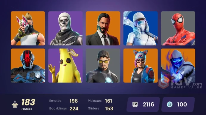 PC,PSN,XBOX 183 SKINS FA - STW - JOHN WICK - POLARITY - INFERNO - CLUTCH&GRIND - SPIDER-GWEN - LARA CROFT - KOR - PLAGUE RK258