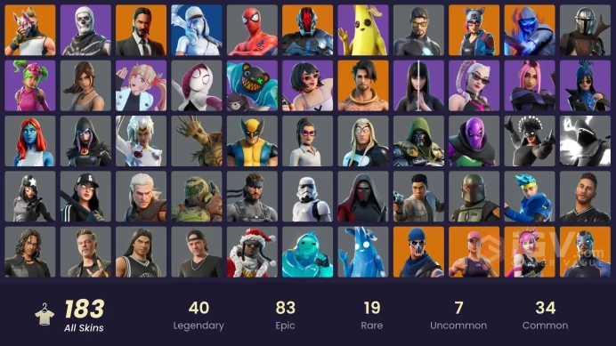 PC,PSN,XBOX 183 SKINS FA - STW - JOHN WICK - POLARITY - INFERNO - CLUTCH&GRIND - SPIDER-GWEN - LARA CROFT - KOR - PLAGUE RK258