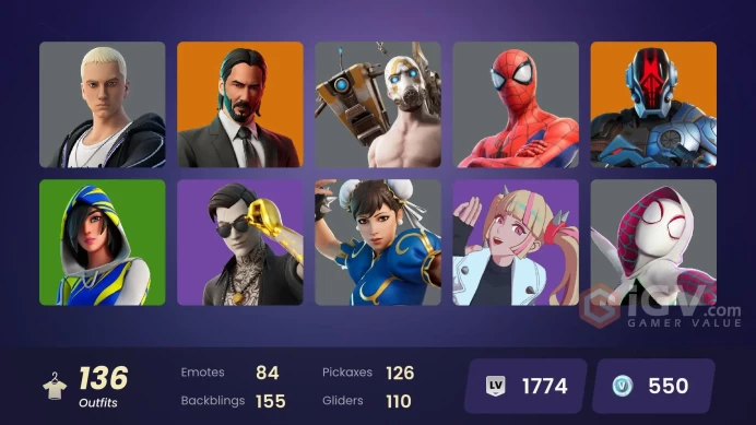  [ALL PLATFORMS]-136 Skin-FNCS 3:1 Champion-Psycho Bandit-John Wick-Chun-Li-Renzo the Destroyer-Dynamo Dancer-Ariana Grande-J Balvin-Catwoman -