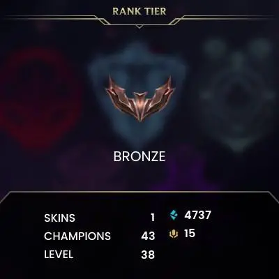 Bronze II (0 LP) / TR / BE: 4737 / RP: 15 / CHAMPS: 43 / Astronaut Teemo / Captain Volibear, Royal Guard Fiora, Coven Evelynn, Resistance Il