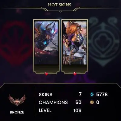 Bronze III (0 LP) / TR / BE: 5778 / CHAMPS: 60 / Dawnbringer Yone, Battle Bunny Miss Fortune, Exiled Morgana, Beemo, Commando Lux, Nunu & Be