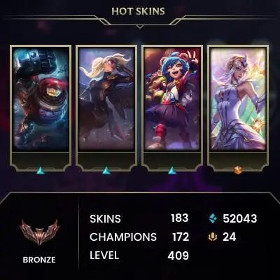 EUW / BRONZE 1(51LP) %80WR / 172 Champ / 183 Good Skins(3 Ultimate, 2 Mythic) / 52K BE / HONOR 3 / S3 ACC / 409 LVL / HANDMADE FULL ACCES /CHEAP