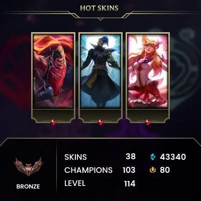 EUW / BRONZE 3(93LP) %72WR / 103 Champ / 38 Good Skins(1 Mythic, 6 Legendary, 15 Epic) / HONOR 5 / 114 LVL / FULL ACCES / HANDMADE / CHEAP