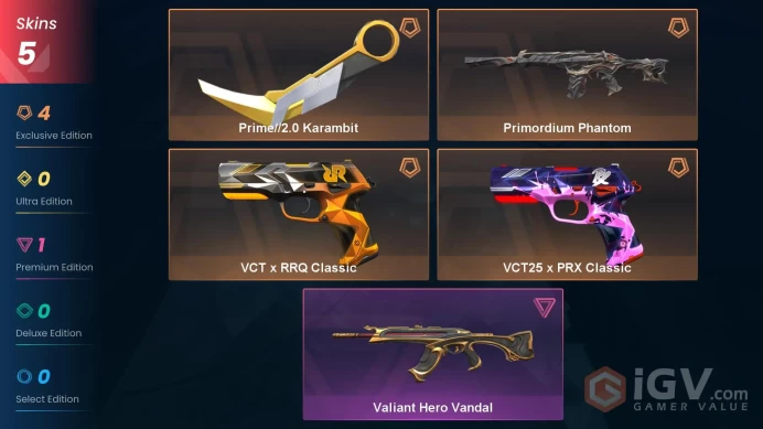 [Code 8388] Level 46 + VCT25 x PRX Classic + VCT x RRQ Classic + Primordium Phantom + Valiant Hero Vandal + Prime//2.0 Karambit / AP 