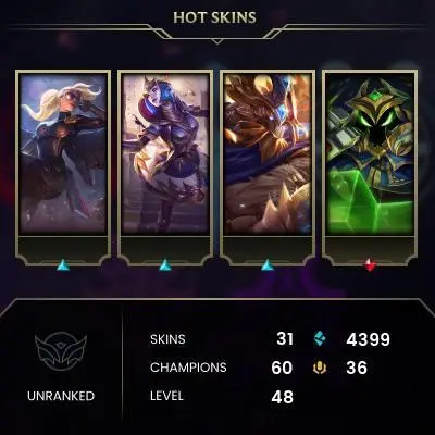 EUW / UNRANKED / 60 Champ / 31 Good skins / RIOT KAYLE / HONOR 3 / S4 ACC / HANDMADE / FULL ACCES / CHEAP