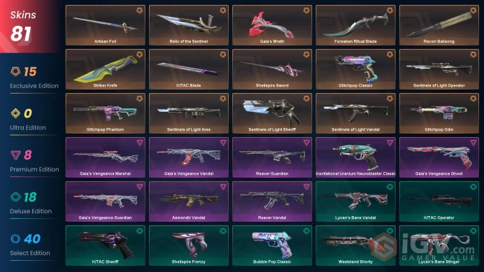 EU / 81 SKINS / 24 ELITE SKINS / 8X KNIFE / Relic of the Sentinel / Recon Balisong / Gaia's Wrath #V0A010