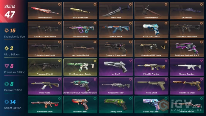 EU / 47 SKINS / 26 ELITE SKINS / 3X KNIFE / Neo Frontier Axe / Reaver Knife / Blade of Aemondir / Champions 2025 Vandal #V0A015