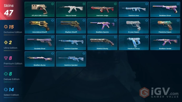 EU / 47 SKINS / 26 ELITE SKINS / 3X KNIFE / Neo Frontier Axe / Reaver Knife / Blade of Aemondir / Champions 2025 Vandal #V0A015