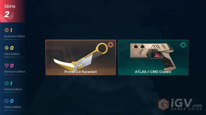 EU / 2  SKINS / 1 ELITE SKINS / 1X KNIFE / Prime2.0 Karambit / ATLAS CMD Classic #V0A052