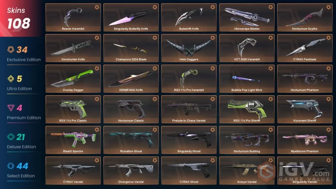 EU / 108 SKINS / 42 ELITE SKINS / 14X KNIFE / Champions 2024 Blade / VCT 2025 Karambit / CYRAX Fanblade #V0A059