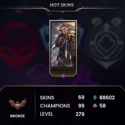 EUW / BRONZE 2(76LP) %100WR / 99 Champ / 69 Good Skins(4 Mythic) / 88.6K BE / 279 LVL / HANDMADE / FULL ACCES / LIFETIME WARRANTY /CHEAP