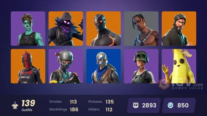 139 SKINS + TRAVIS SCOTT + ROYALE KNIGHT + BLUE SQUIRE + ELITE AGENT + DANTE + TAKE THE L + DYNAMO + ICONIC KIM KARDASHIAN
