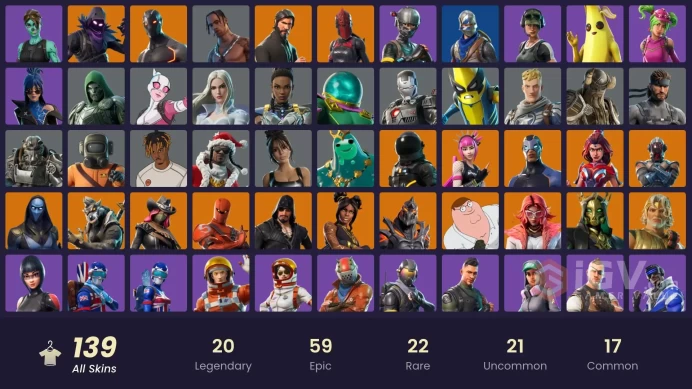 139 SKINS + TRAVIS SCOTT + ROYALE KNIGHT + BLUE SQUIRE + ELITE AGENT + DANTE + TAKE THE L + DYNAMO + ICONIC KIM KARDASHIAN