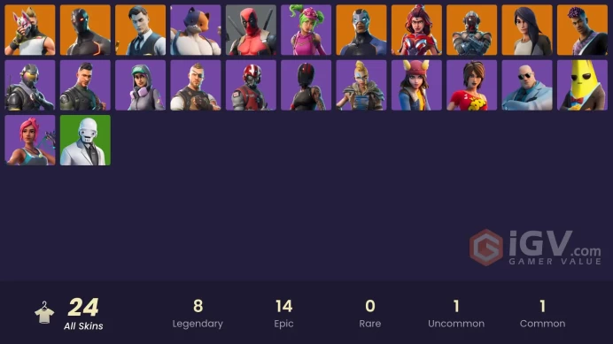 24 skins/full access/omega/carbide/for pc,psn,xbox,nintendo/deadpool/orange justice/og skins/14 paid emotes