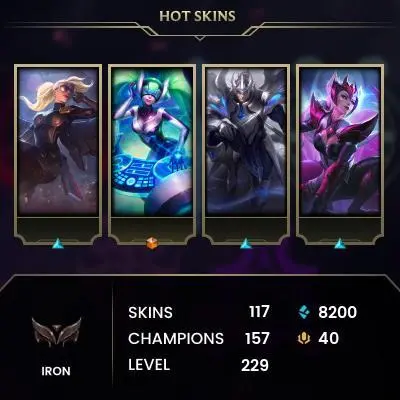 EUW / IRON 2(76LP)/ 157 CHAMP / 117 Good Skins(1 Ultimate, 2 Mythic, 8 Legendary, 54 Epic) / 8.2K BE / FULL ACCES / LIFETIME WARRANTY / CHEAP