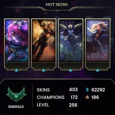 EUW / EMERALD 1(75LP) / FLEX D2 / 172 Champ / 403 Good Skins / 62K BE / HONOR 4 / MASTER ICONS / HANDMADE / FULL ACCES / CHEAP 