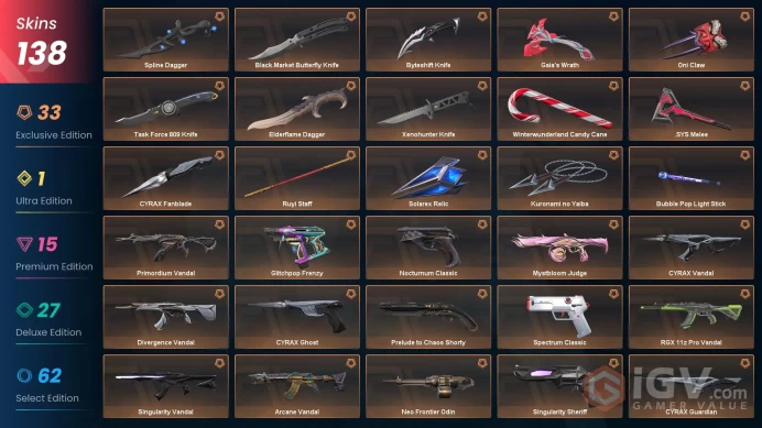 EU - LVL 154 - Unranked - 15 KNIVES - 138 SKINS (~110,325 VP) Arcane Vandal, Solarex Relic, Singularity Vandal, Kuronami no Yaiba, Byteshift Kn