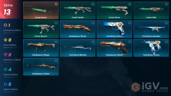EU - LVL 26 - Unranked - 1 KNIFE - 13 SKINS (~0 VP) Comet Sword, Comet Vandal