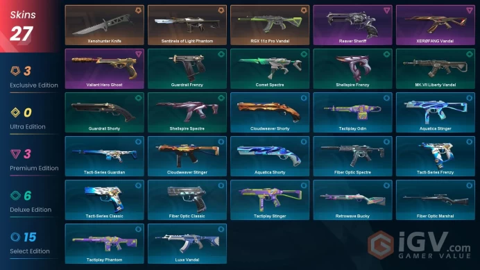 EU - LVL 24 - Unranked - 1 KNIFE - 27 SKINS (~15,375 VP) Sentinels of Light Phantom, Xenohunter Knife, RGX 11z Pro Vandal, Valiant Hero Ghost, 