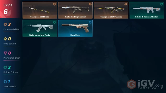 EU - LVL 45 - Unranked - 1 KNIFE - 6 SKINS (~12,750 VP) Champions 2024 Blade, Sentinels of Light Vandal, Champions 2024 Phantom