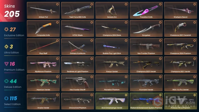 NA - LVL 379 - Unranked - 13 KNIVES - 205 SKINS (~93,250 VP) Champions 2021 Karambit, Champions 2021 Vandal, Kuronami Vandal, Champions 2024 Bl