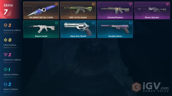 EU - LVL 46 - Unranked - 1 KNIFE - 7 SKINS (~10,550 VP) VALORANT GO Knife, RGX 11z Pro Vandal, Reaver Operator, Celestial Phantom