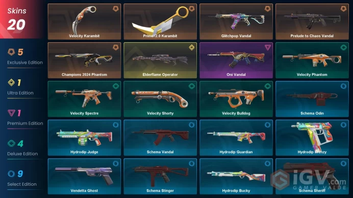 EU - LVL 100 - Unranked - 2 KNIVES - 20 SKINS (~14,825 VP) Elderflame Operator, Prime2 Karambit, Velocity Karambit, Prelude to Chaos Vandal, Ch