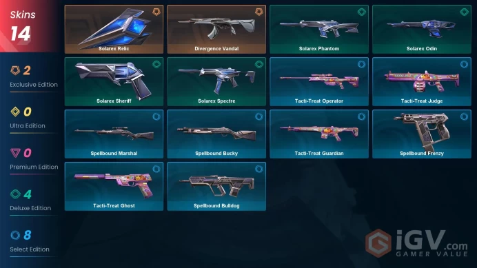 EU - LVL 37 - Unranked - 1 KNIFE - 14 SKINS (~2,175 VP) Divergence Vandal, Solarex Relic, Solarex Phantom