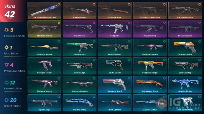 EU - LVL 53 - Unranked - 3 KNIVES - 42 SKINS (~21,825 VP) Elderflame Vandal, Primordium Vandal, Prelude to Chaos Vandal, Overdrive Blade, Reave