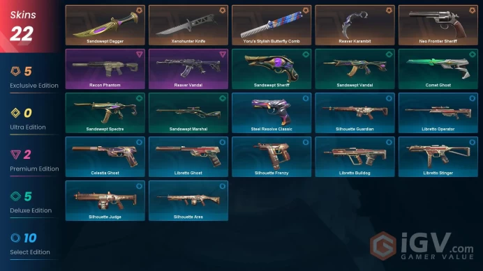 EU - LVL 97 - Unranked - 4 KNIVES - 22 SKINS (~17,175 VP) Neo Frontier Sheriff, Reaver Karambit, Sandswept Dagger, Xenohunter Knife, Recon Phan