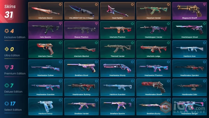 EU [ 31 TOP SKINS + 3 KNIFE ] VALORANT GO! Vol. 3 Dagger + Reaver Phantom + Imperium Vandal + Heart Splitter + Magepunk Sheriff / full acces